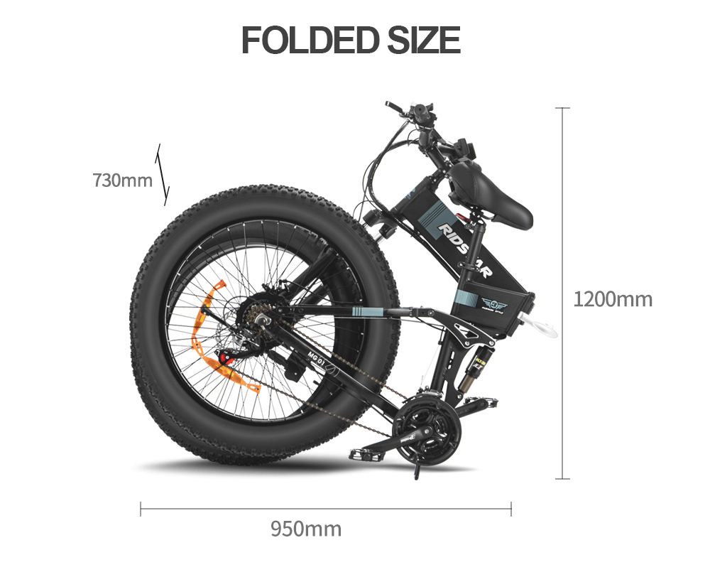 Ridstar H26 Skladací elektrický bicykel, 1000W motor, 48V 15AH batéria, 26*4.0 palcové tukové pneumatiky, max. rýchlosť 45 km/h, dojazd 90 km, mechanické kotúčové brzdy, odpruženie prednej vidlice, Shimano 21 rýchlostí, LCD displej