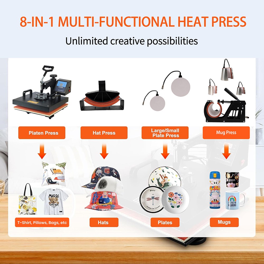 SHUOHAO 8 In 1 Heat Press Machine, 15*15in, na čiapky/tašky/myši/placky/obaly na telefóny/nálepky/hrnčeky/plakety/puzzle/tričká