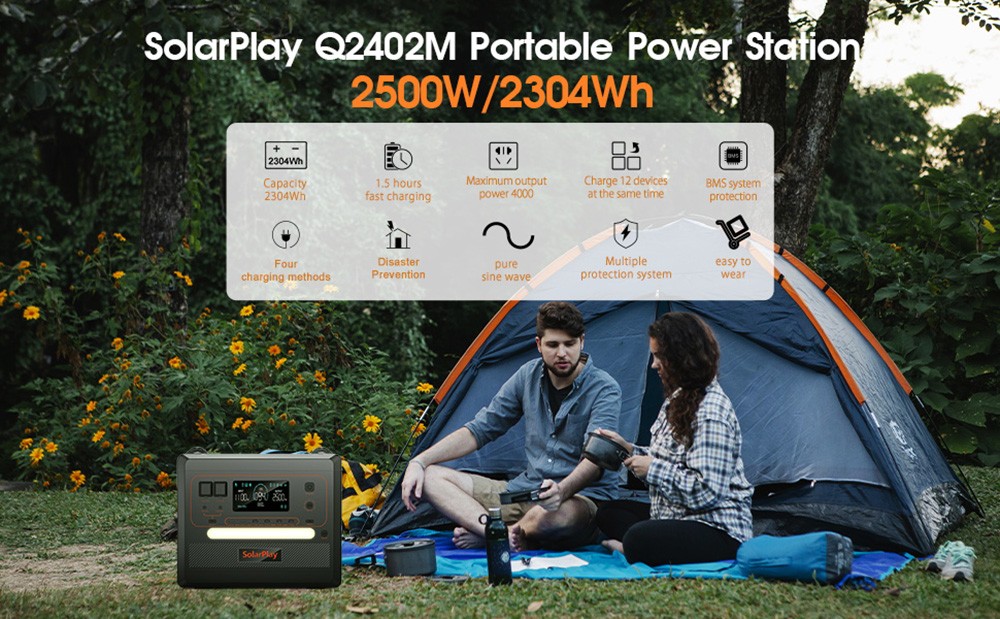 Prenosná elektráreň SolarPlay Q2402M, 2304Wh 2500W batéria LiFePO4, vstupný výkon 1100 W, 12 výstupov, plné nabitie za 1.5H