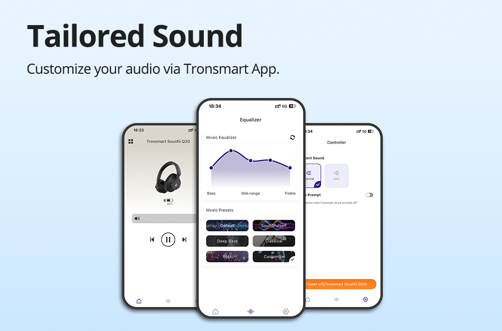 Slúchadlá Tronsmart Sounfii Q20 ANC Bluetooth, 50 hodín autonómie, 90° otočné náušníky, párovanie s 2 zariadeniami, ovládanie aplikácií Tronsmart, vstavaný mikrofón pre čisté hovory, aktívne potláčanie hluku - čierne