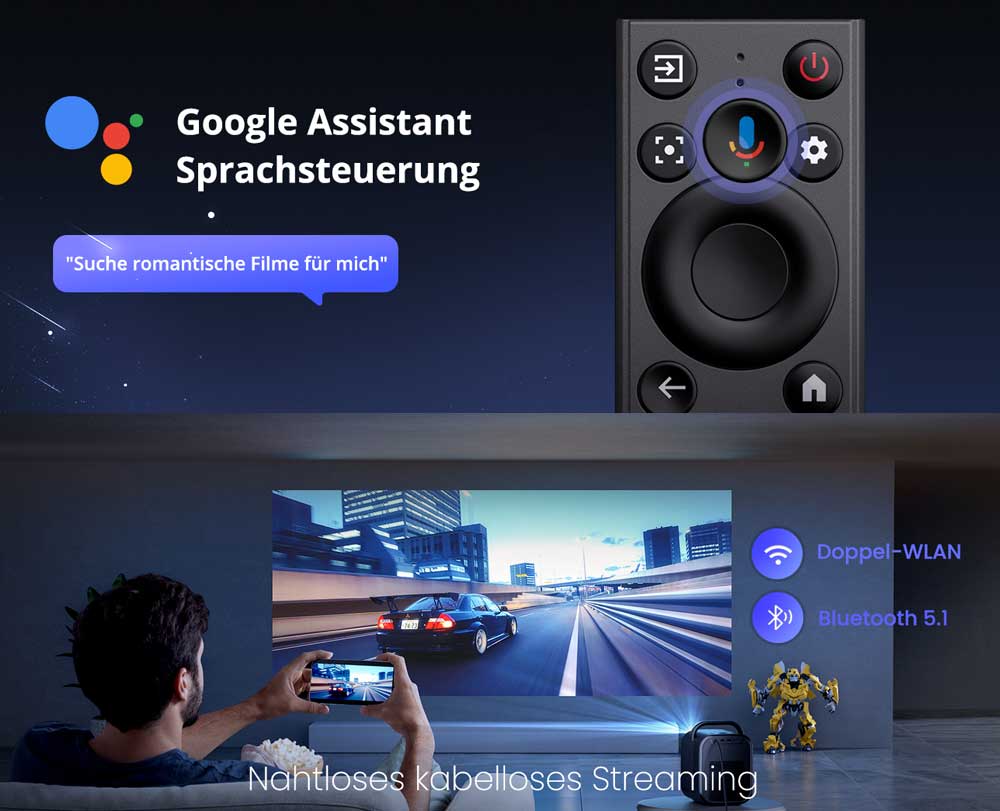 [Netflix és Google TV tanúsítvánnyal] ETOE Seal Pro projektor, 1000 ANSI, Google TV, Dolby Audio tanúsítvánnyal, natív 1080P, automatikus trapézkorrekció, 2 x 10 W-os hangszóró, beépített Chromecast, Google Asszisztens
