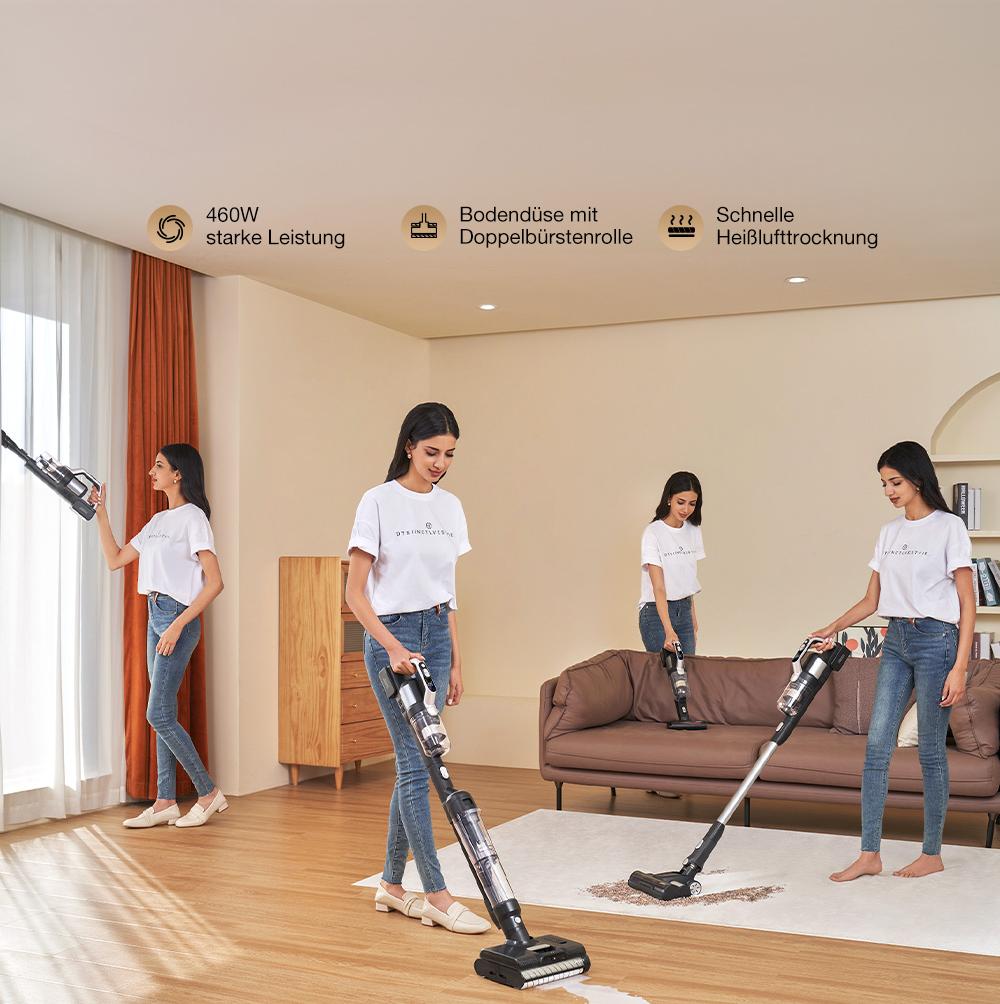 JIMMY PW11 Pro Max 5-in-1 kabelloser Staubsauger und Waschmaschine, 460 W Leistung, doppelte Reinigung mit zwei B&uuml;rstenrollen, schnelles Trocknen mit Hei&szlig;luft, LED-Display, 180&deg; flaches Design, Silber-Schwarz - EU-Stecker