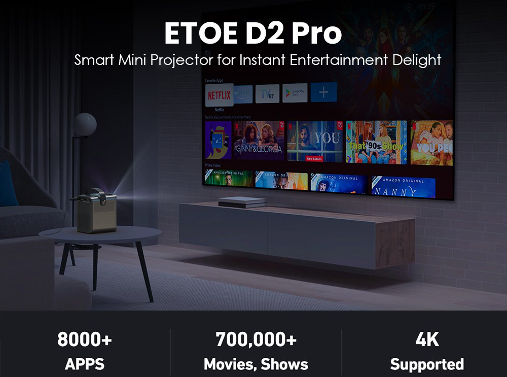 [Netflix & Android TV Certified] ETOE D2 Pro Projector, 300 ANSI, Android TV 10, Native 1080P, Keystone Correction