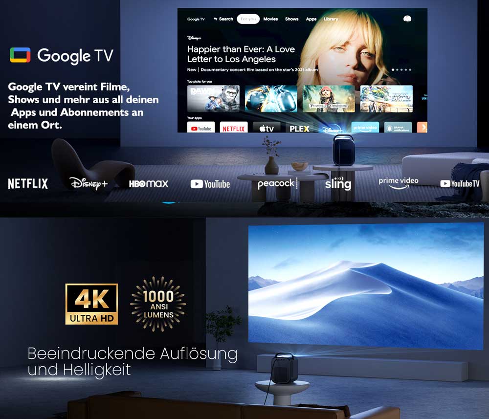 [Netflix és Google TV tanúsítvánnyal] ETOE Seal Pro projektor, 1000 ANSI, Google TV, Dolby Audio tanúsítvánnyal, natív 1080P, automatikus trapézkorrekció, 2 x 10 W-os hangszóró, beépített Chromecast, Google Asszisztens
