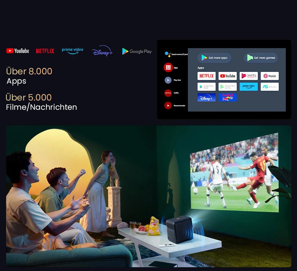 Wanbo Mozart 1 Pro LCD-Beamer, 900 ANSI, Native 1080P, Android TV 11, Autofokus, Objektvermeidung &ndash; EU-Stecker