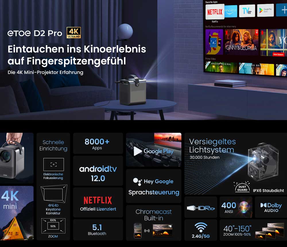 [Netflix- und Android TV-zertifiziert]  ETOE D2 Pro Projektor, Native 1080P, Android TV 11.0, 200 ANSI, Anlogic S905, 2 GB/8 GB, Trapezkorrektur