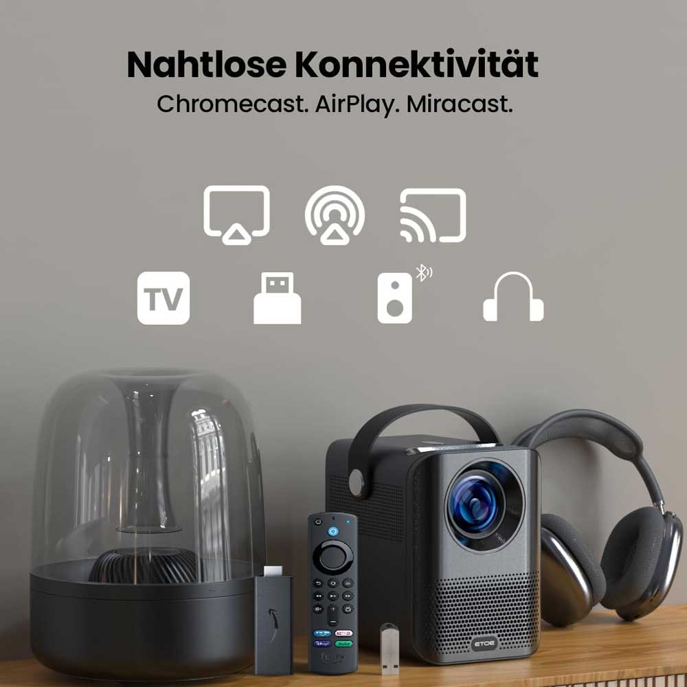 [Netflix- und Android TV-zertifiziert]  ETOE D2 Pro Projektor, Native 1080P, Android TV 11.0, 200 ANSI, Anlogic S905, 2 GB/8 GB, Trapezkorrektur