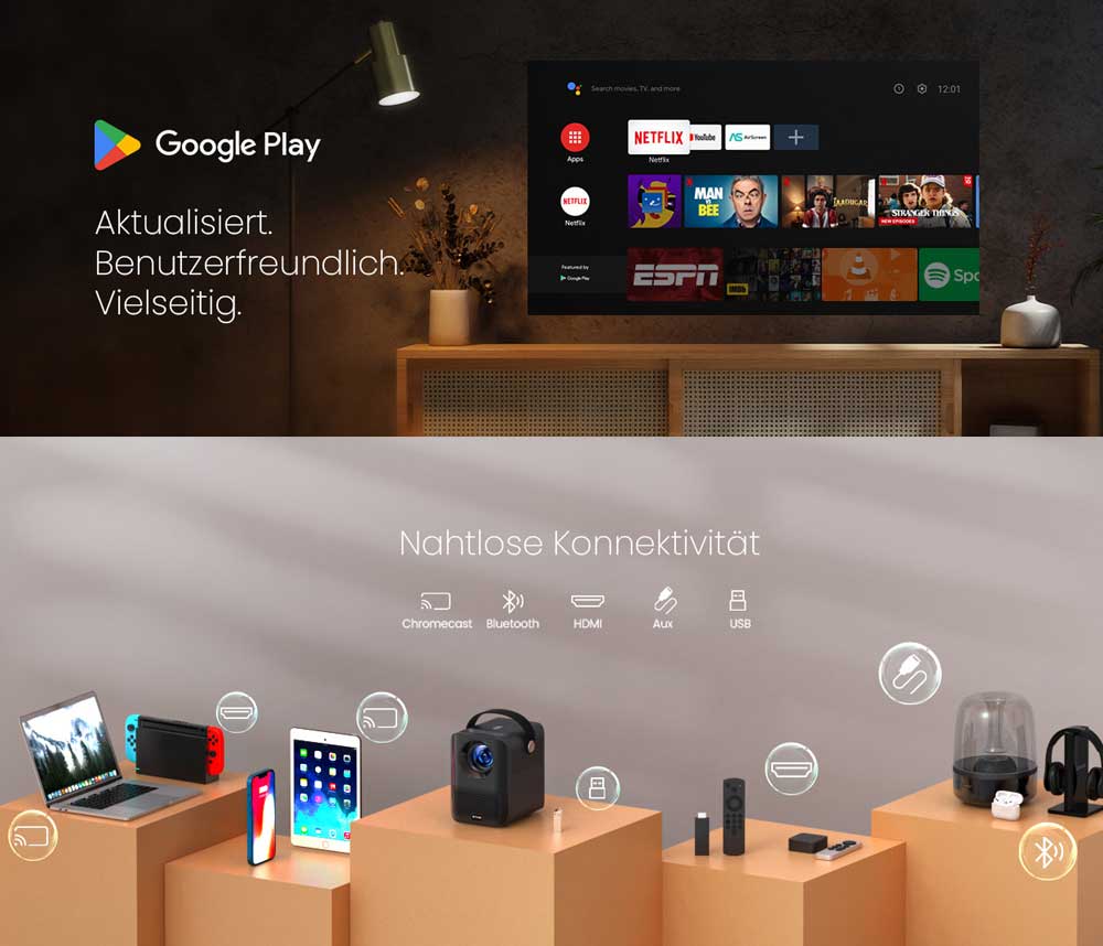 [Netflix- und Android TV-zertifiziert]  ETOE D2 Pro Projektor, Native 1080P, Android TV 11.0, 200 ANSI, Anlogic S905, 2 GB/8 GB, Trapezkorrektur