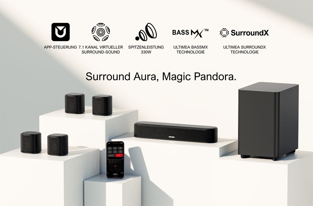 Ultimea Aura A40 Soundbar-Subwoofer-Lautsprecher-Kit, 7.1-Kanal, App-Steuerung, 10-Band-Equalizer-Einstellungen, 121 voreingestellte EQ-Matrizen, Bluetooth 5.3, 330 W Spitzenleistung