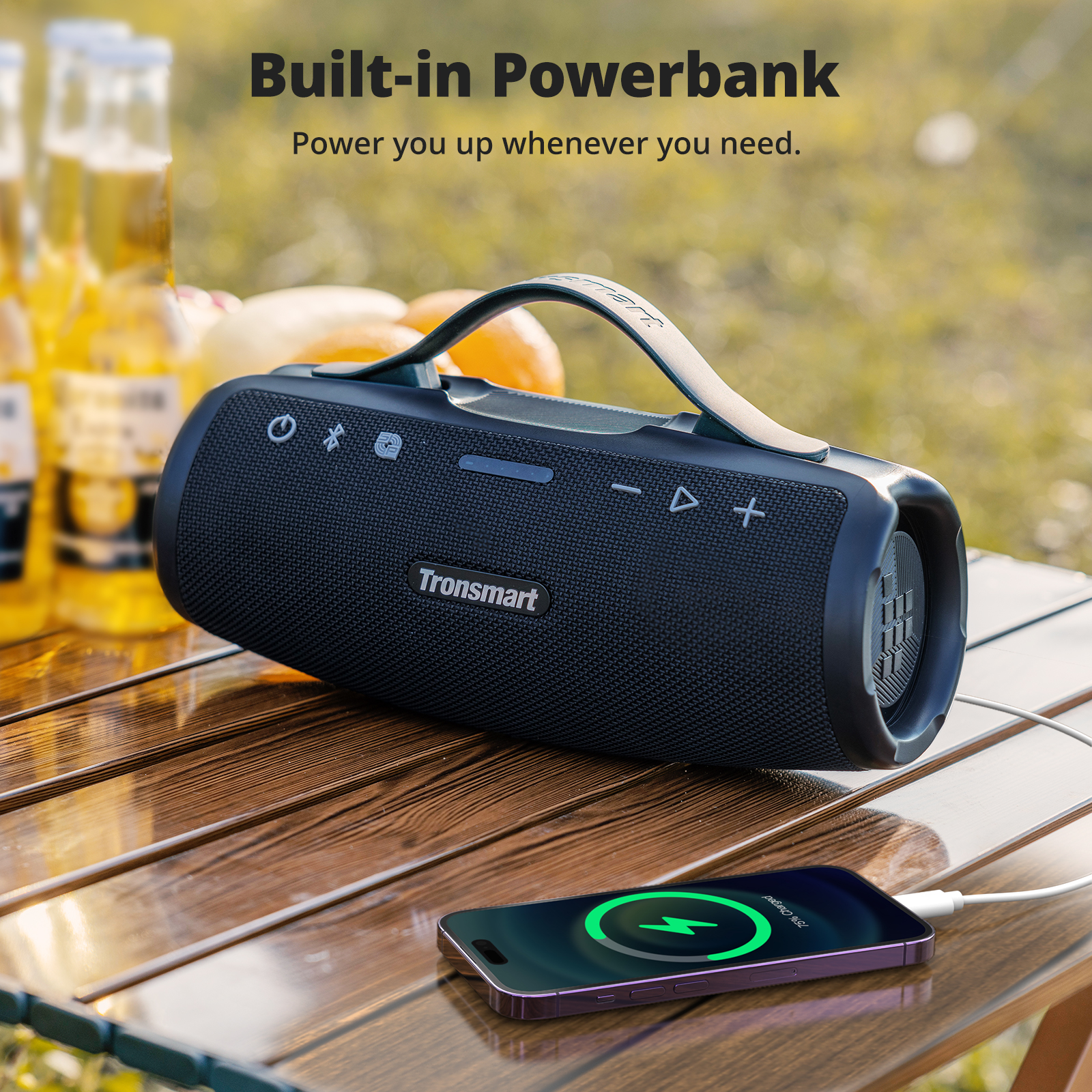 Prenosný vonkajší reproduktor Tronsmart Mirtune S100, Bluetooth 5.3, výkon 50 W, 20 hodín prehrávania, prispôsobiteľný EQ, vodotesnosť IPX7, vysúvacia rukoväť - čierny