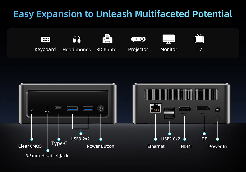 BMAX B9 Power Mini PC, Intel Core i9-12900H 14 jadier max. 5,0 GHz, 24 GB LPDDR5 RAM 1 TB SSD, DP+HDMI+Type-C 4K Triple Display, podpora Dynamic HDR, WiFi 6 Bluetooth 5.2, 2*USB 3.2 2*USB 2.0 1*RJ45 1*3.5mm Headset Jack, Space Capsule Cooling System