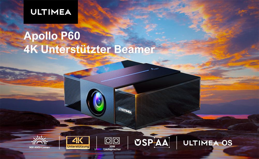 Ultimea Apollo P60 Beamer, 900 ANSI Lumen, Native 1080P Projektor, 4K-Unterst&uuml;tzung, Autofokus und 6D Auto-Keystones, Bluetooth 5.3