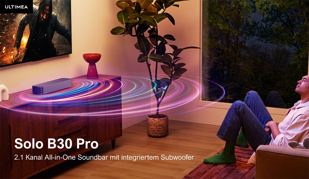 Ultimea Solo B30 Pro Soundbar, 120 W Spitzenleistung, 2.1-Kanal, integrierter 3-Zoll-Subwoofer, 10-Band-Equalizer-Einstellungen, 121 voreingestellte EQ-Matrizen, Bluetooth 5.3, App-Steuerung