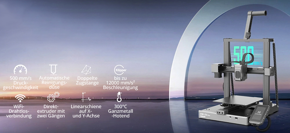 Artillery Sidewinder X4 Pro 3D-Drucker, 240 x 240 x 260 mm, 500 mm/s Druckgeschwindigkeit, X-Y-Achsen-Linearschiene, Extruder mit Direktantrieb, automatische Nivellierung mit 81 Punkten, doppelte Zugstange, D&uuml;se mit automatischer Reinigung