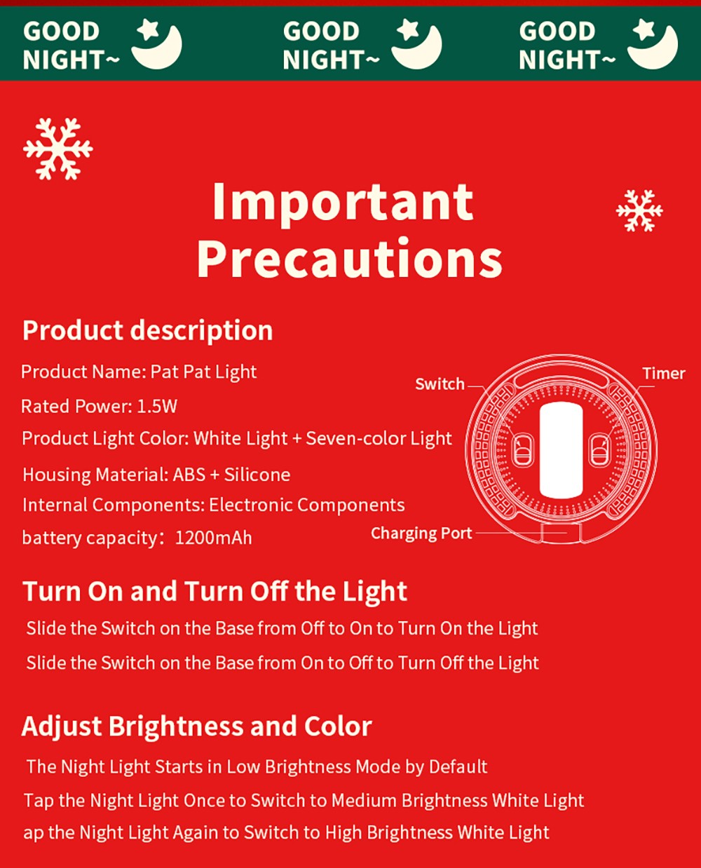 Snowman Pat Pat Light, Seven-color Light, 1200mAh Battery, Christmas Gift