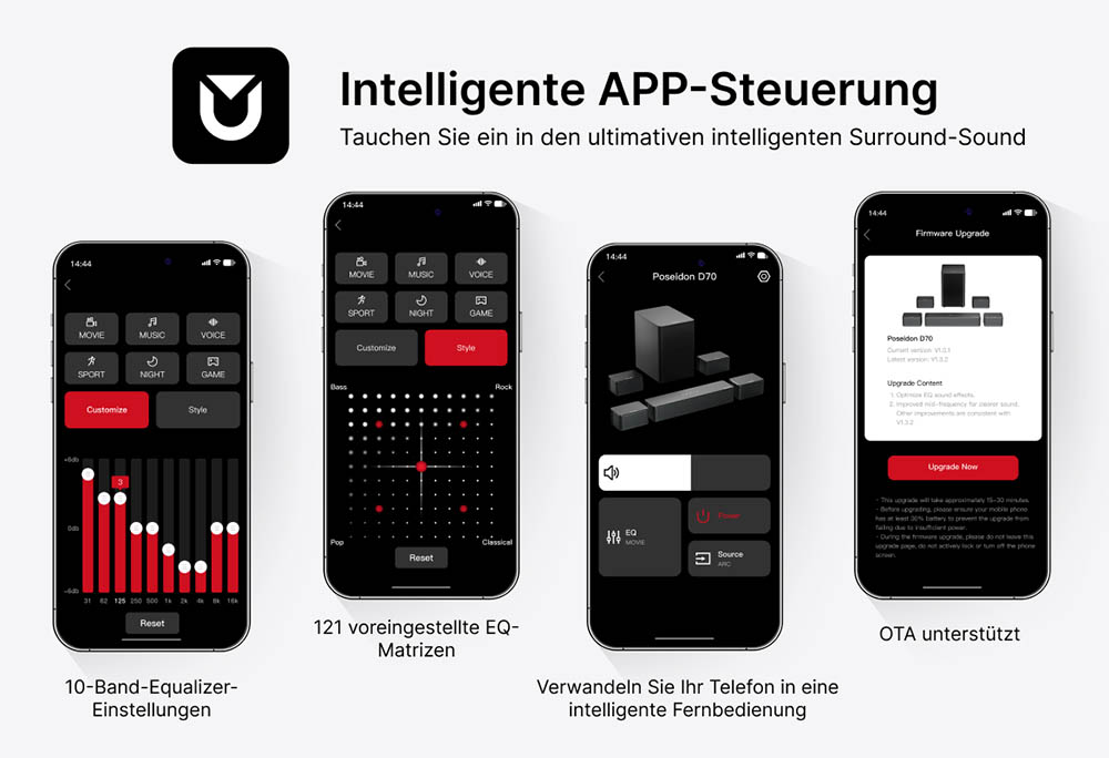 Ultimea Poseidon D70 7.1-Kanal-Soundbar-Subwoofer-Lautsprecher-Kit, 10-Band-Equalizer, 121 voreingestellte EQ-Matrizen, BassMX-Technologie, intelligente APP-Steuerung