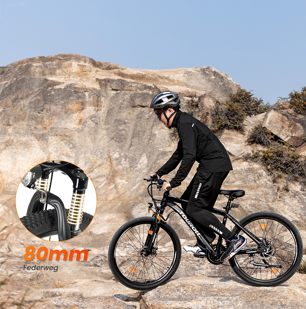 Touroll U1 Elektrofahrrad 26 MTB mit 250W Motor, 13Ah herausnehmbarer Lithium-Ionen-Akku, 65KM max. Fahrtstrecke, CST Gel&auml;ndereifen, 21-Gang Shimano-Schaltung