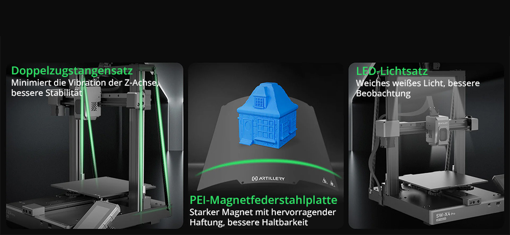 Artillery Sidewinder X4 Pro 3D-Drucker, 240 x 240 x 260 mm, 500 mm/s Druckgeschwindigkeit, X-Y-Achsen-Linearschiene, Extruder mit Direktantrieb, automatische Nivellierung mit 81 Punkten, doppelte Zugstange, D&uuml;se mit automatischer Reinigung