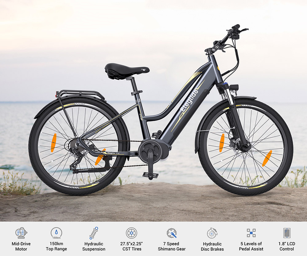 Trekingový bicykel Eleglide C1 ST 27,5 palca s 250W motorom Ananda Mid-Drive, 14,5Ah batériou, maximálnym dojazdom 150 km, hydraulickým odpružením & hydraulickými kotúčovými brzdami Shimano 7 prevodov - čierny