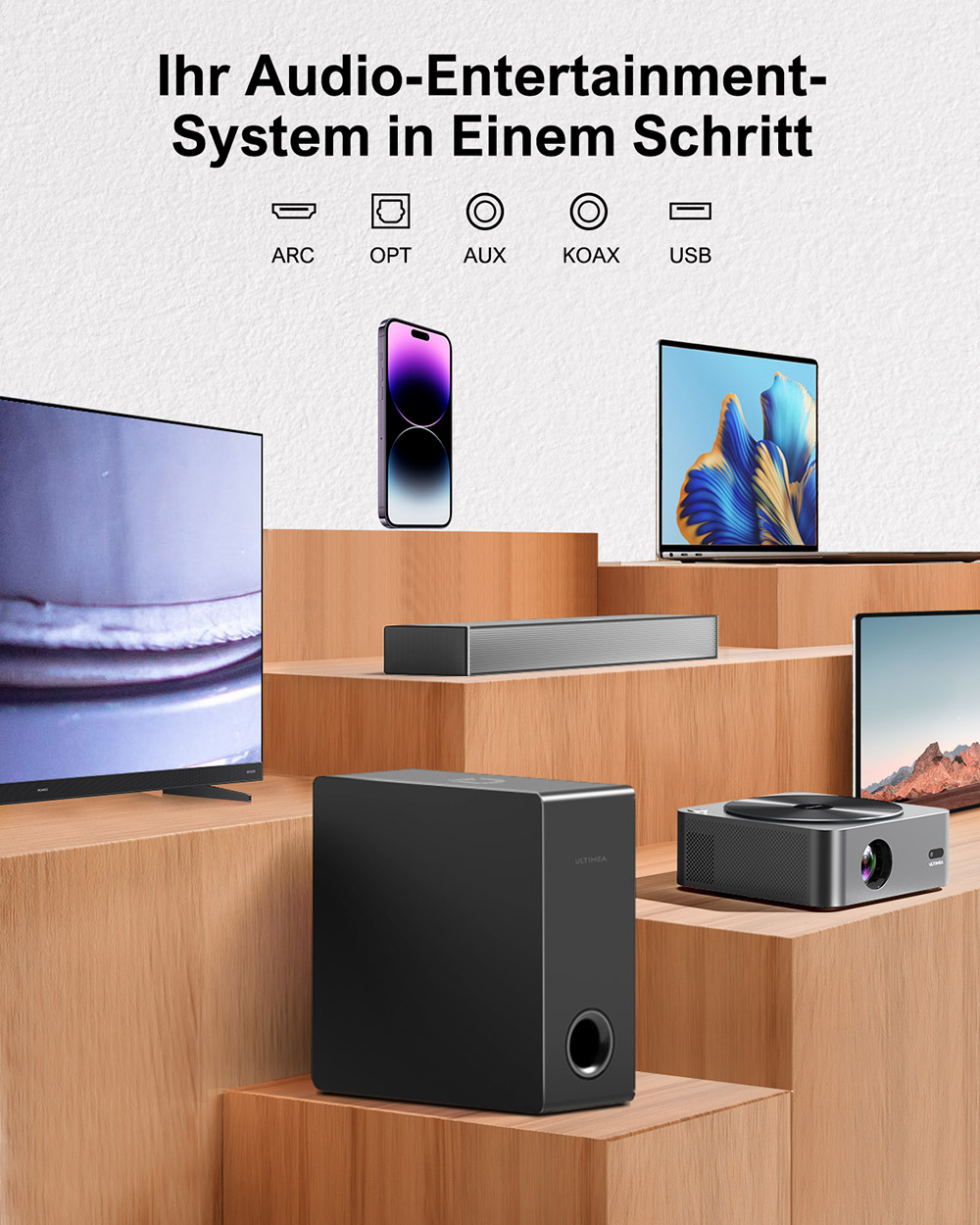 Ultimea Nova S40 Soundbar mit kabelgebundenem Subwoofer, 2.1-Kanal, Film-/Musik-/Spielemodus, Bluetooth 5.3, f&uuml;r TV-PC-Gaming