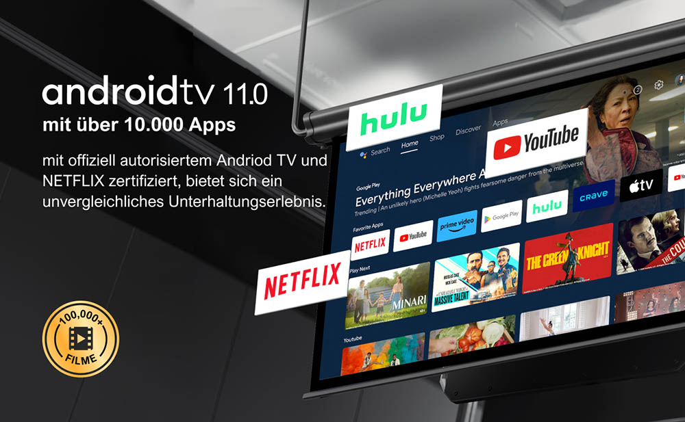 [Netflix 1080P] Ultimea Poseidon E40 Beamer, 1000 ANSI Lumen, Android TV 11.0, 4K-Dekodierung, Native 1080P, Dolby Audio, 6D Trapezkorrektur, Autofokus, 2 x 10W Lautsprecher, WiFi 6, Bluetooth 5.3