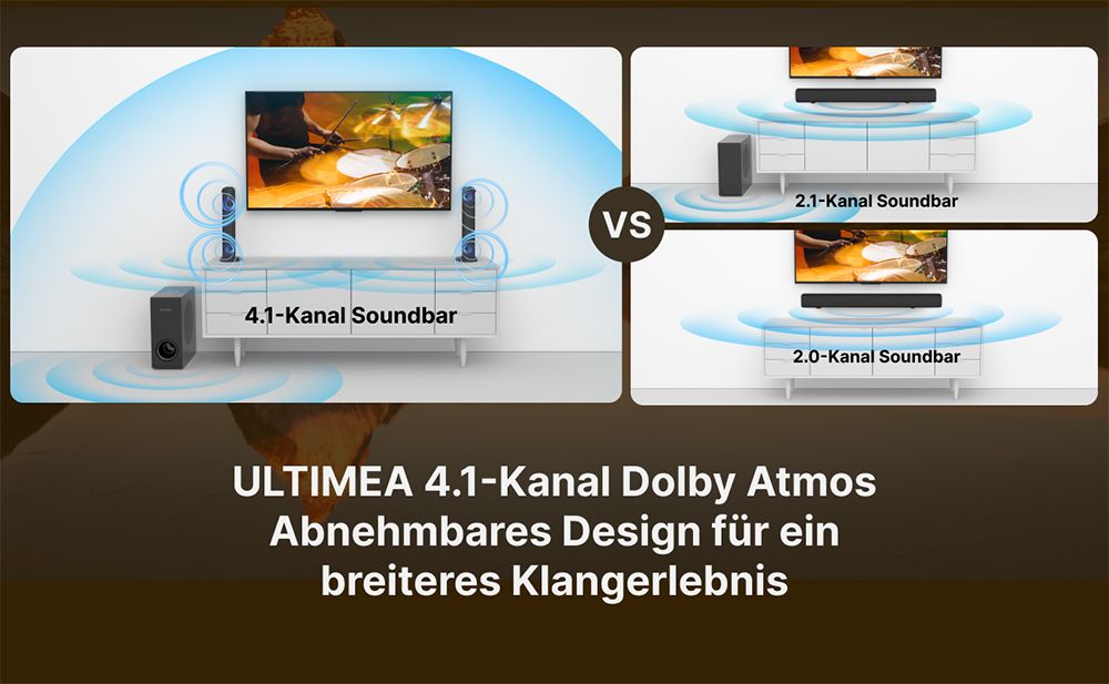 ULTIMEA Apollo S60 Abnehmbare Soundbar mit Subwoofer, 4.1 Kanal, Bluetooth 5.3, 3 EQ-Modi, 280 W Spitzenleistung