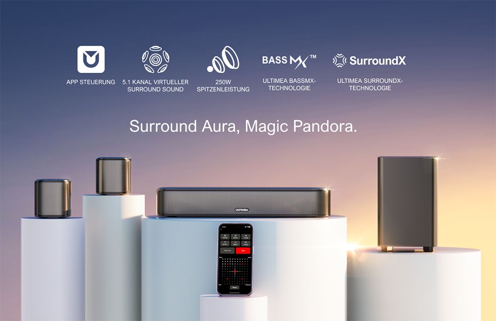 Ultimea Aura A30 5.1-Kanal Soundbar-Subwoofer-Lautsprecher-Kit, App-Steuerung, 10-Band-Equalizer-Einstellungen, 121 voreingestellte EQ-Matrizen