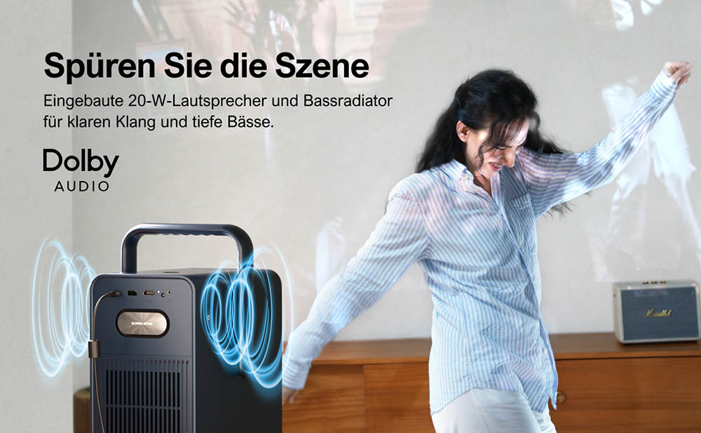 [Netflix 1080P] Ultimea Poseidon E40 Beamer, 1000 ANSI Lumen, Android TV 11.0, 4K-Dekodierung, Native 1080P, Dolby Audio, 6D Trapezkorrektur, Autofokus, 2 x 10W Lautsprecher, WiFi 6, Bluetooth 5.3