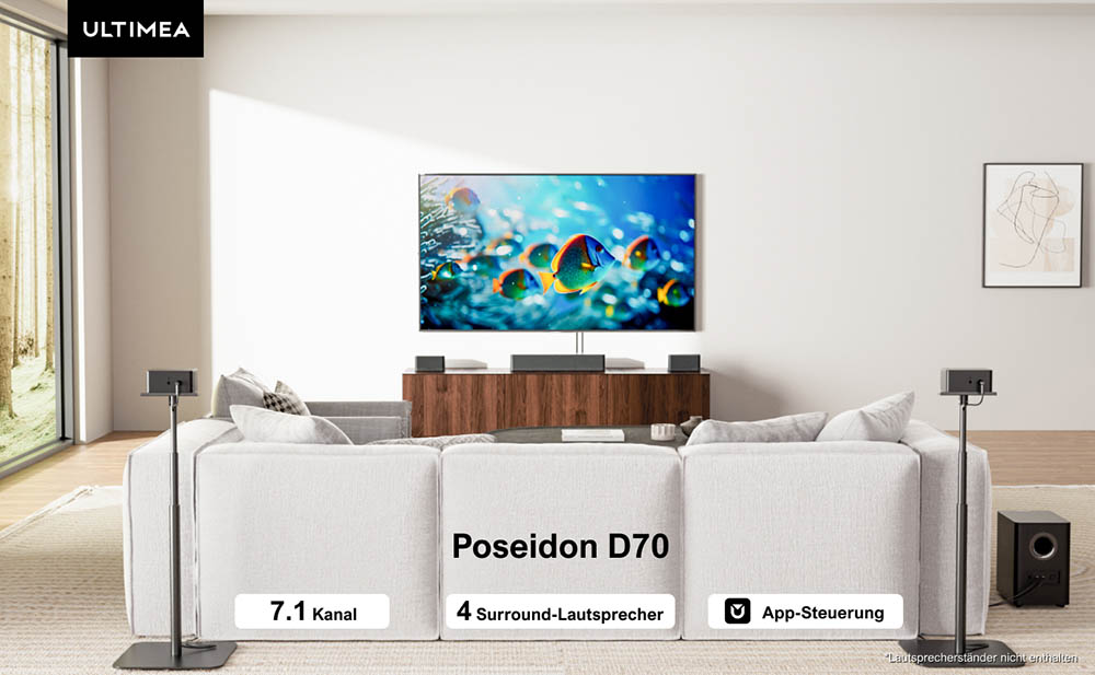 Ultimea Poseidon D70 7.1-Kanal-Soundbar-Subwoofer-Lautsprecher-Kit, 10-Band-Equalizer, 121 voreingestellte EQ-Matrizen, BassMX-Technologie, intelligente APP-Steuerung