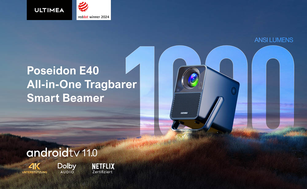 [Netflix 1080P] Ultimea Poseidon E40 Beamer, 1000 ANSI Lumen, Android TV 11.0, 4K-Dekodierung, Native 1080P, Dolby Audio, 6D Trapezkorrektur, Autofokus, 2 x 10W Lautsprecher, WiFi 6, Bluetooth 5.3