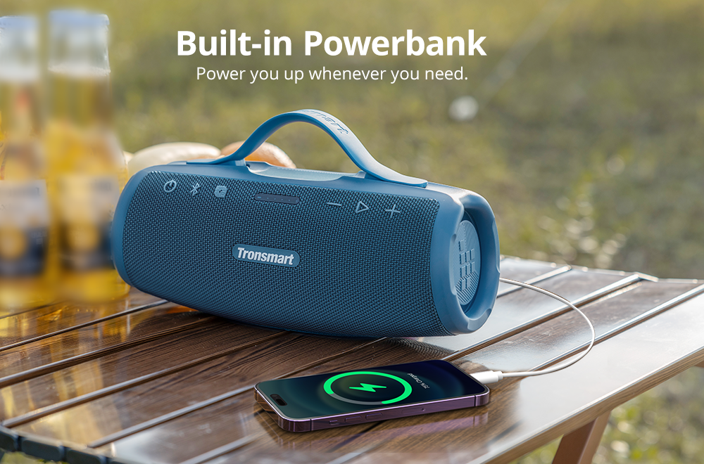 Prenosný vonkajší reproduktor Tronsmart Mirtune S100, Bluetooth 5.3, prispôsobiteľný ekvalizér, výkon 50 W, 20 hodín prehrávania, vodotesnosť IPX7, výsuvná rukoväť - modrý