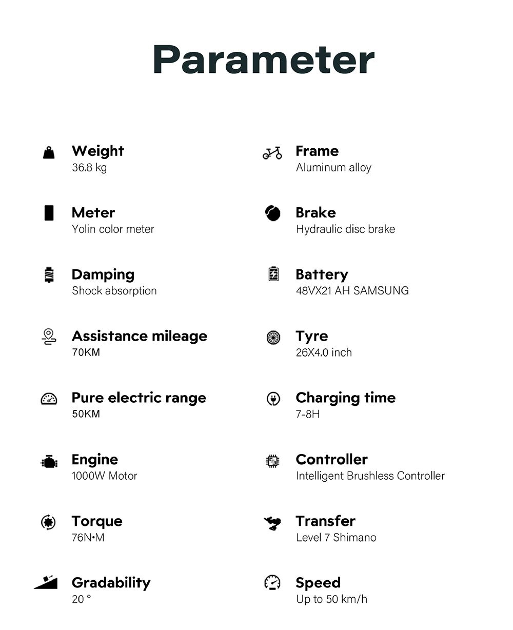 Elektrobicykel GUNAI-V, 1000W motor, 48V 21Ah batéria, 26*4.0 palcové tučné pneumatiky, max. rýchlosť 50 km/h, dojazd 70 km, dvojité hydraulické kotúčové brzdy, Shimano 7 rýchlostí, LCD displej