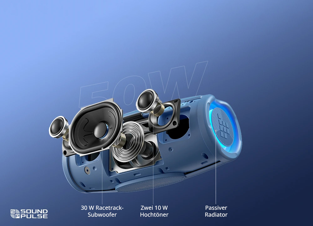 Tronsmart Mirtune S100 Tragbarer Outdoor-Lautsprecher, Bluetooth 5.3, anpassbarer EQ, 50 W Leistung, 20 Stunden Spielzeit, IPX7 wasserdicht, einziehbarer Griff &ndash; Blau