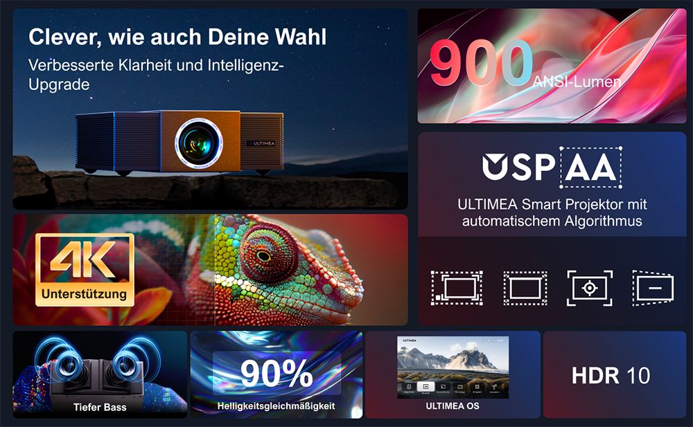 Ultimea Apollo P60 Beamer, 900 ANSI Lumen, Native 1080P Projektor, 4K-Unterst&uuml;tzung, Autofokus und 6D Auto-Keystones, Bluetooth 5.3