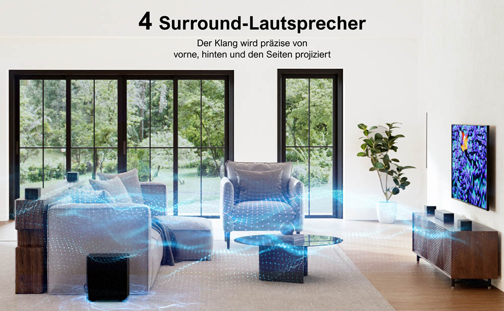 Ultimea Poseidon D70 7.1-Kanal-Soundbar-Subwoofer-Lautsprecher-Kit, 10-Band-Equalizer, 121 voreingestellte EQ-Matrizen, BassMX-Technologie, intelligente APP-Steuerung