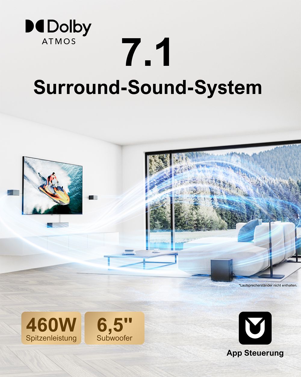 ULTIMEA Poseidon D80 7.1-Kanal-Soundbar-Subwoofer-Lautsprecher-Kit, Dolby Atmos, 460 W Spitzenleistung, APP-Steuerung, 10-Band-Equalizer-Einstellungen, 121 voreingestellte EQ-Matrizen, Bluetooth 5.3