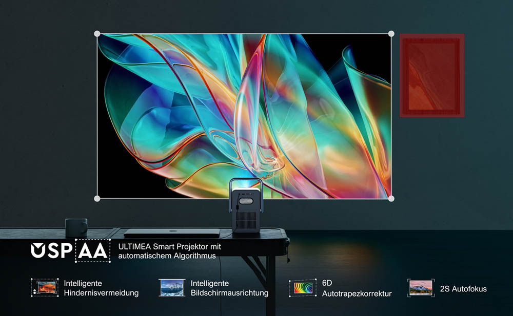 [Netflix 1080P] Ultimea Poseidon E40 Beamer, 1000 ANSI Lumen, Android TV 11.0, 4K-Dekodierung, Native 1080P, Dolby Audio, 6D Trapezkorrektur, Autofokus, 2 x 10W Lautsprecher, WiFi 6, Bluetooth 5.3