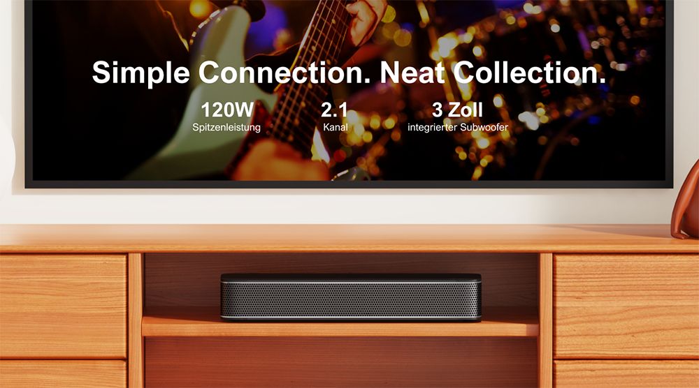 Ultimea Solo B30 Pro Soundbar, 120 W Spitzenleistung, 2.1-Kanal, integrierter 3-Zoll-Subwoofer, 10-Band-Equalizer-Einstellungen, 121 voreingestellte EQ-Matrizen, Bluetooth 5.3, App-Steuerung