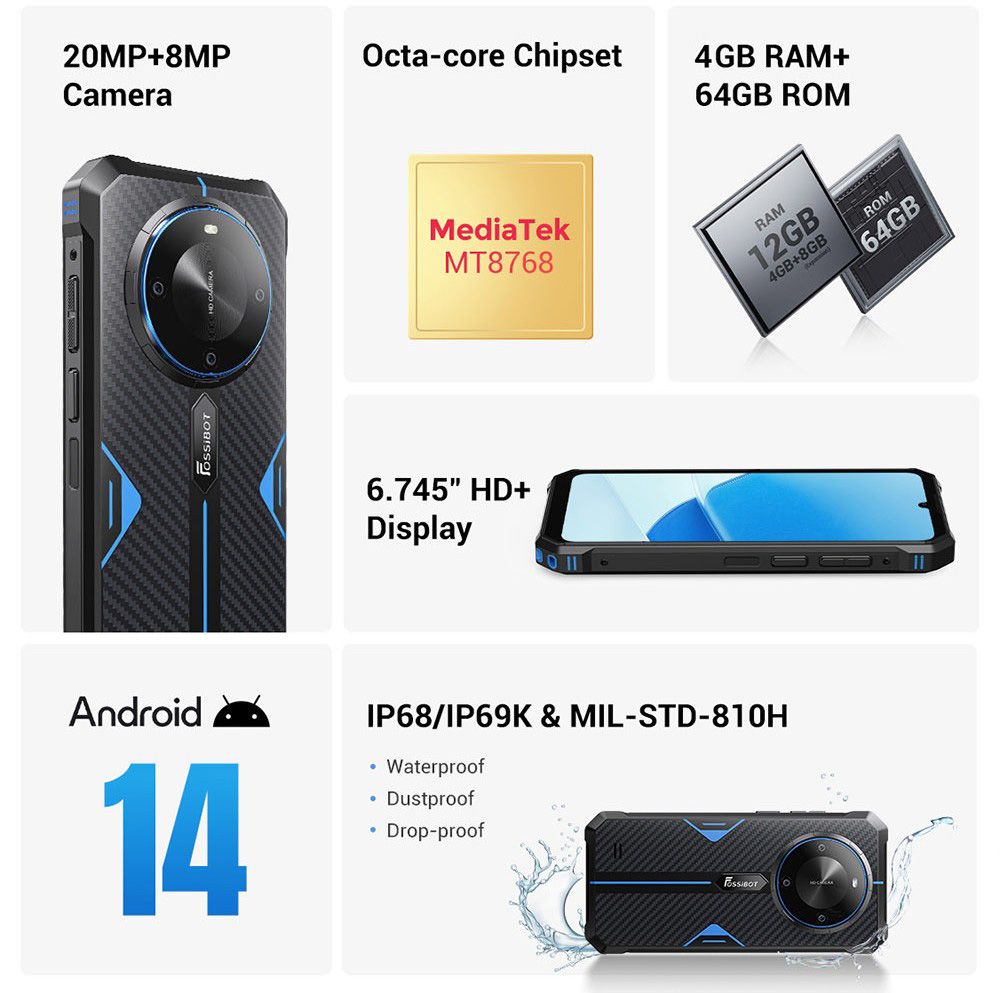 FOSSiBOT F105 Rugged Smartphone, 6.745inch HD+ Screen, 10300mAh Battery, 4GB RAM+64GB ROM, 20MP+8MP Camera, 4G Dual SIM, Octa-core Chipset, Android 14 System, Unlocked/Face ID/OTG/GPS, IP68/IP69K - Blue