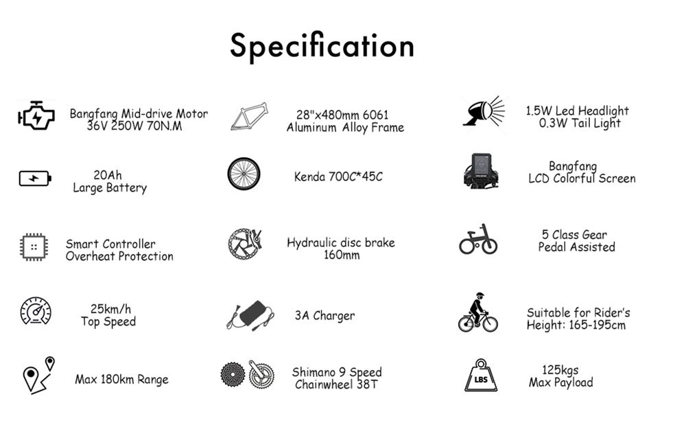 Elektrobicykel TTGO LK-ZZ-28ST, 250W motor, 36V 20AH batéria, pneumatiky 700C*45C, max. rýchlosť 25 km/h, dojazd 180 km, hydraulické kotúčové brzdy, Shimano 9 rýchlostí, LCD displej - čierny