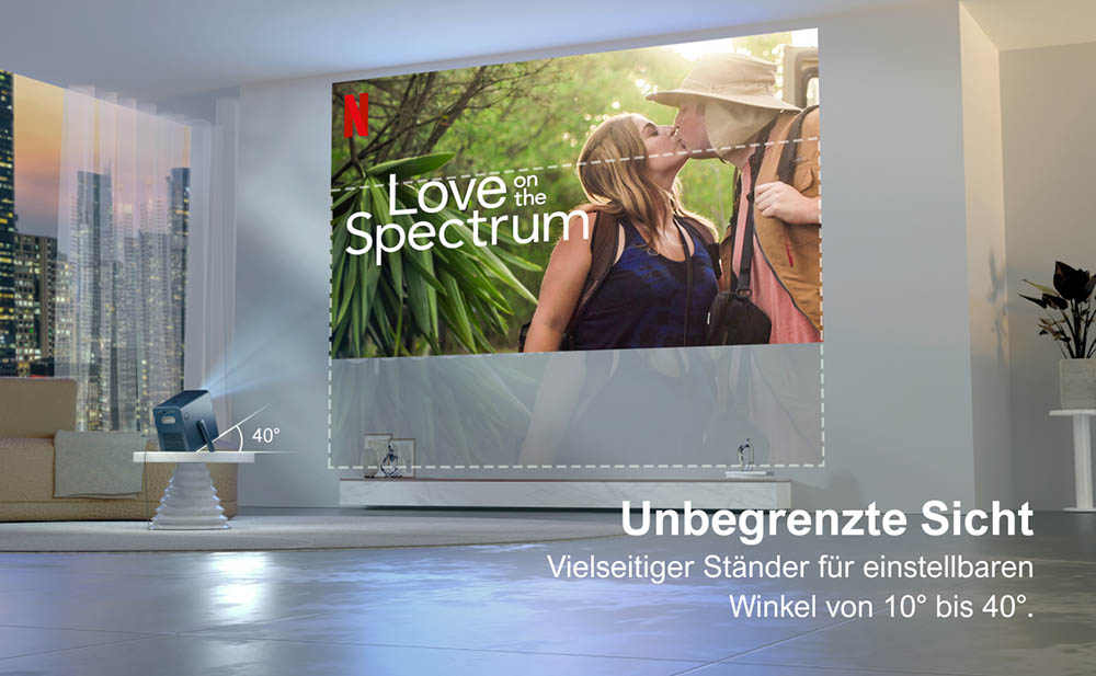 [Netflix 1080P] Ultimea Poseidon E40 Beamer, 1000 ANSI Lumen, Android TV 11.0, 4K-Dekodierung, Native 1080P, Dolby Audio, 6D Trapezkorrektur, Autofokus, 2 x 10W Lautsprecher, WiFi 6, Bluetooth 5.3