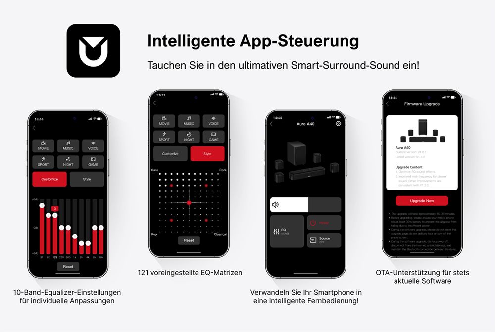 Ultimea Aura A40 Soundbar-Subwoofer-Lautsprecher-Kit, 7.1-Kanal, App-Steuerung, 10-Band-Equalizer-Einstellungen, 121 voreingestellte EQ-Matrizen, Bluetooth 5.3, 330 W Spitzenleistung