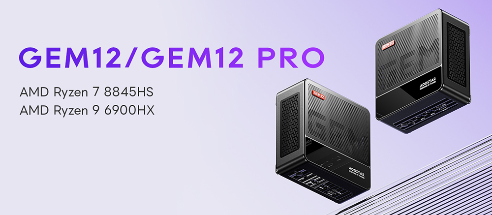 AOOSTAR GEM12 PRO Mini PC, AMD Ryzen 7 8845HS 8 jadrový až 5.1GHz, 32GB DDR5 RAM 1TB PCle 4.0 SSD, HDMI 2.1 + DP 1.4 + USB 4 + Type-C 4K 120Hz displej so štyrmi obrazovkami, WiFi 6 Bluetooth 5.2, 2*2.5G LAN, 2*USB3.2 2*USB2.0 1*Oculink, nastaviteľný BIOS