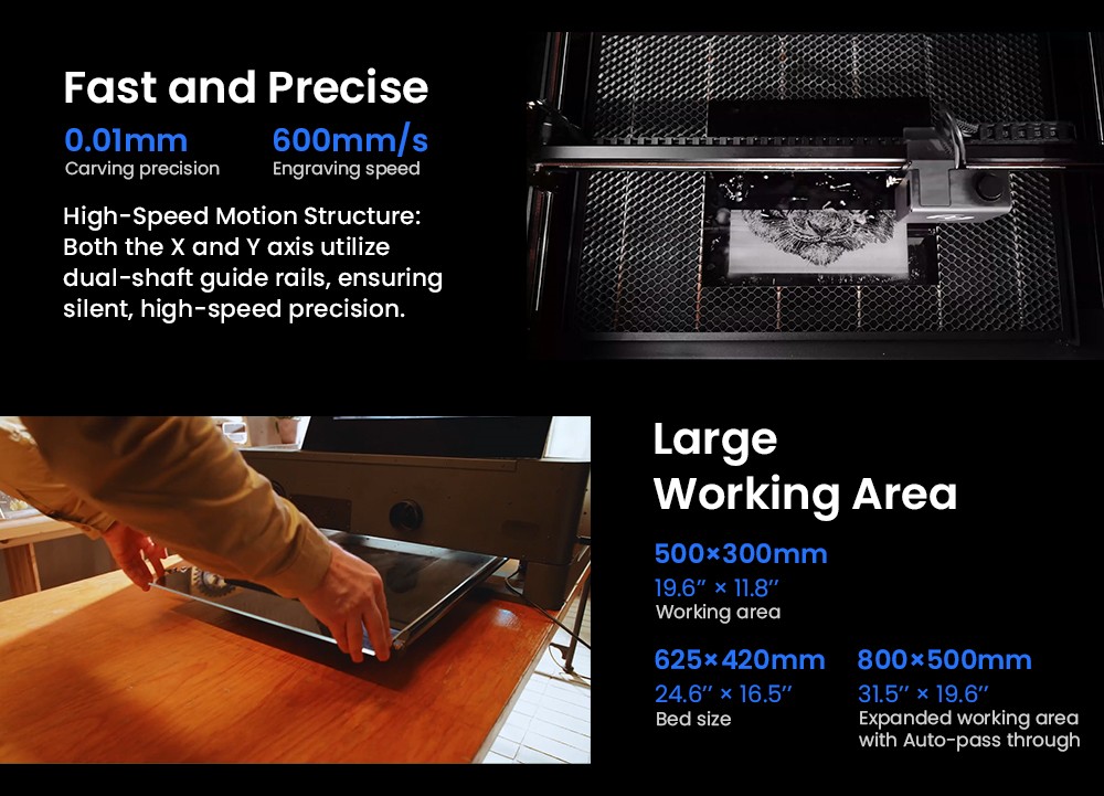 ATOMSTACK Hurricane CO2 Class1 Laserová gravírovacia fréza, výkon 55 W, 0.01mm presnosť, rýchlosť gravírovania 600mm/s, 500*300mm, viditeľný červený svetelný indikátor, 5MP kamera, automatický hasiaci prístroj, systém odvodu dymu