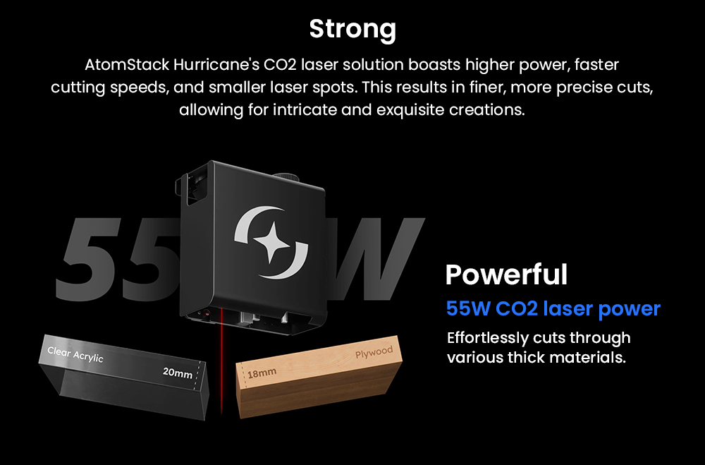 ATOMSTACK Hurricane CO2 Class1 Laserová gravírovacia fréza, výkon 55 W, 0.01mm presnosť, rýchlosť gravírovania 600mm/s, 500*300mm, viditeľný červený svetelný indikátor, 5MP kamera, automatický hasiaci prístroj, systém odvodu dymu