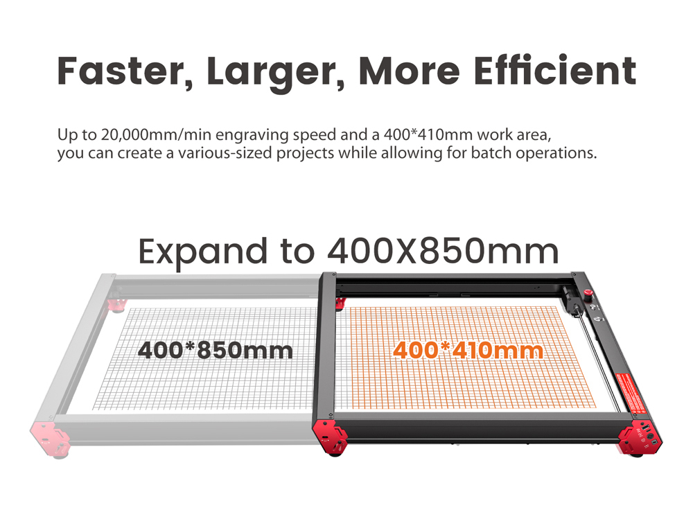 AlgoLaser Alpha MK2 20W laserový gravírovací stroj, so vzduchovým čerpadlom, inteligentný dotykový displej, 20 000 mm/min, 400*410 mm (157,5*161.4 palce)