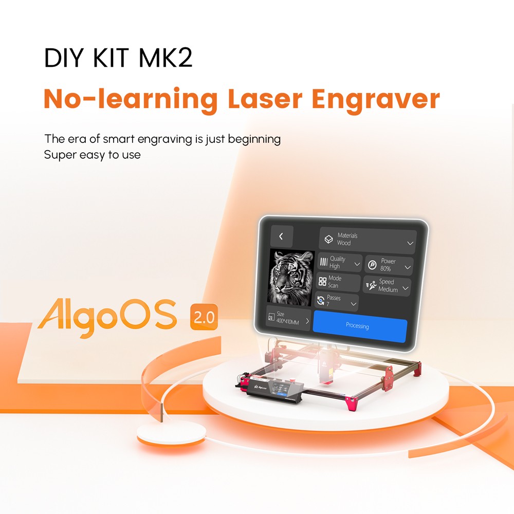 AlgoLaser DIY KIT MK2 10W laserový gravír, vzduchové čerpadlo, dvojjadrový procesor, 3,5-palcový dotykový displej, 0.01mm presnosť, rýchlosť gravírovania 12 000mm/min, 400*435mm (157,5*171.3 palce)