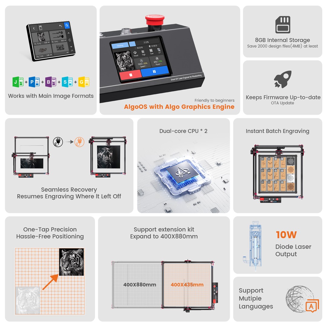 AlgoLaser DIY KIT MK2 10W laserový gravír, vzduchové čerpadlo, dvojjadrový procesor, 3.5-palcový dotykový displej, presnosť 0,01 mm, rýchlosť gravírovania 12 000 mm/min, 400*435 mm (157,5*171.3 palce)