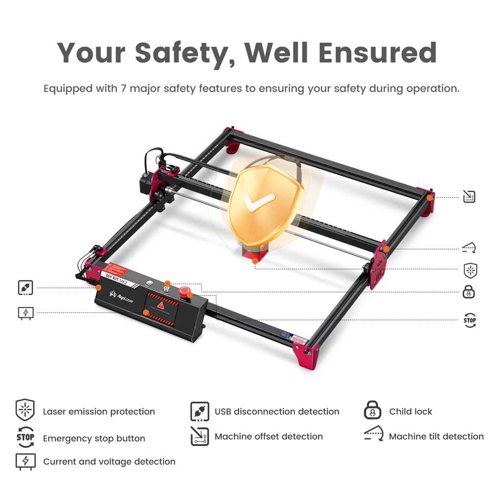 AlgoLaser DIY KIT MK2 10W laserový gravírovací stroj, vzduchové čerpadlo, dvojjadrový procesor, 3,5-palcový dotykový displej, presnosť 0,01 mm, rýchlosť gravírovania 12 000 mm/min, 400*435 mm (157.5*171,3 palca)