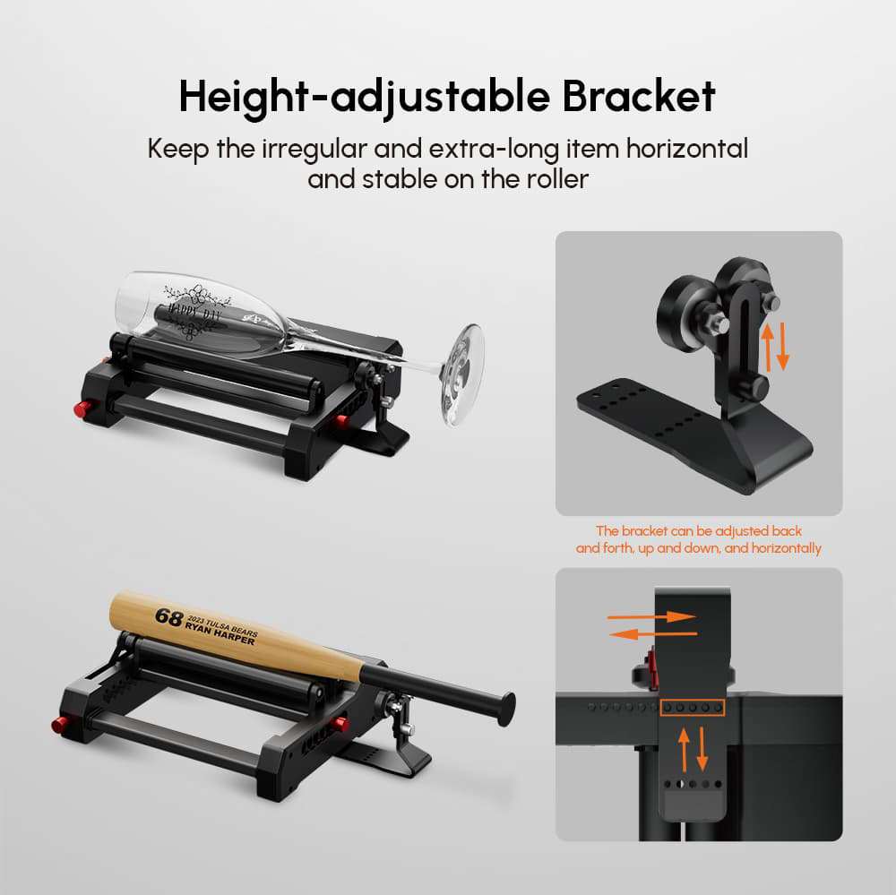 AlgoLaser RR2 Rotary Roller, výškovo nastaviteľný držiak, rýchlosť gravírovania 3000 mm/min, 7 šírkových prevodov, pre gravírovacie stroje Alpha, Delta &; DIY Kit